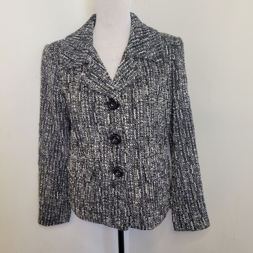 Rafaella Petite Women’s Blazer Size 10P Black White Tweed Jacket Long Sleeve